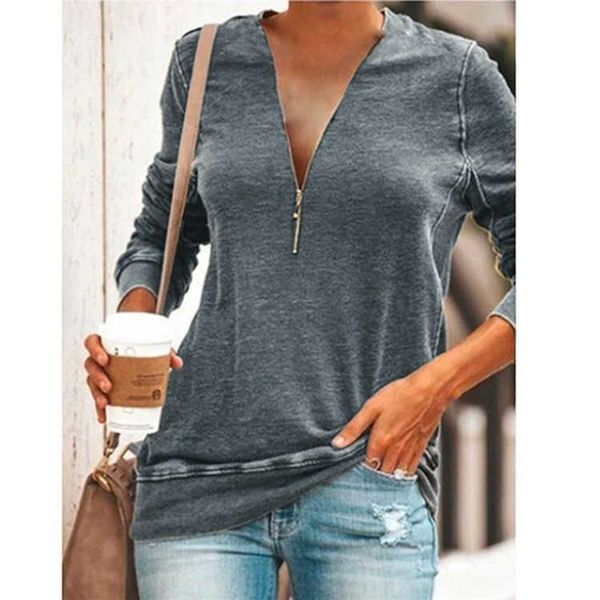 

v-neck autumn zipper large long sleeve t-shirt, White