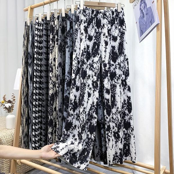 

high waist houndstooth smudge ice velvet wide-leg pants women's spring and autumn loose drape mopping straight casual long & capris, Black;white