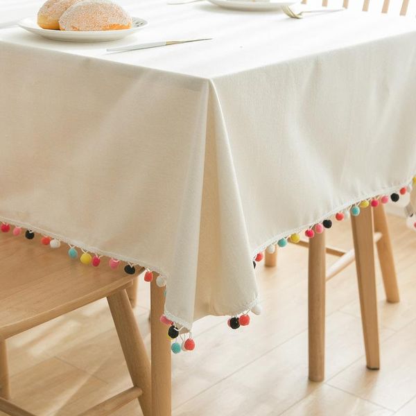 

table cloth recyclable cotton linen oversized tablecloth white dust proof coffee cover towel colorful pompon tassel edge