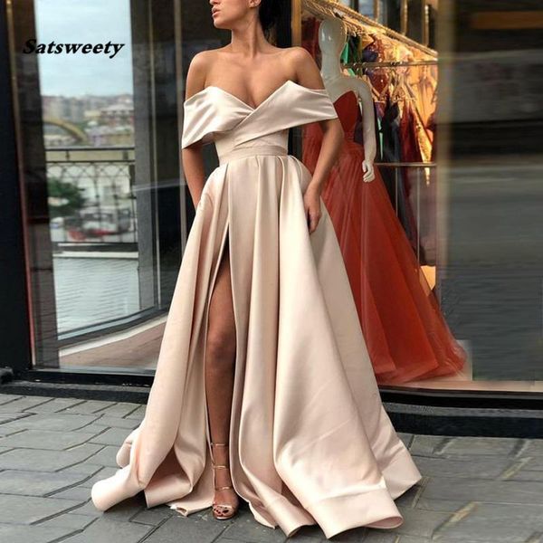 

party dresses off the shoulder satin prom dress with side slit floor length white ivory champagne split evening gowns, White;black