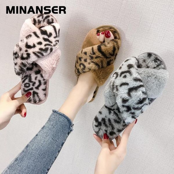 

slippers 2021 winter women home with faux fur fashion warm shoes woman slip on flats female slides leopard plus size 36-41, Black