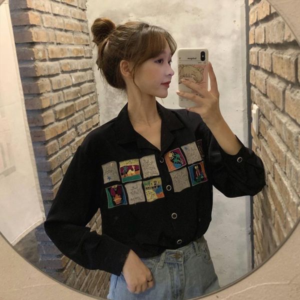

women's blouses & shirts shirt spring retro 2021 embroidered chiffon long sleeve v-neck ins super loose student style, White