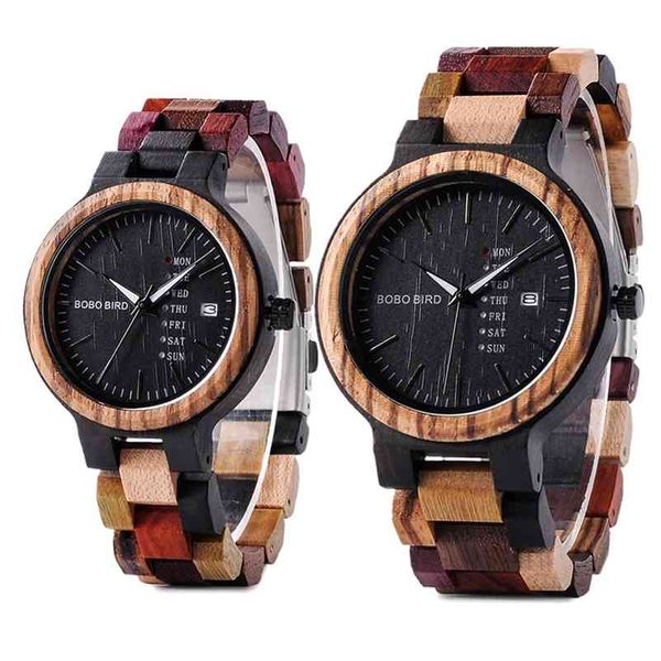 Bobo Bird Wood Watch Homens Mulheres Quartz Semana Data Casal Timepiece Banda De Madeira Colorido Personalizar Presente Atacado Dropship 210329