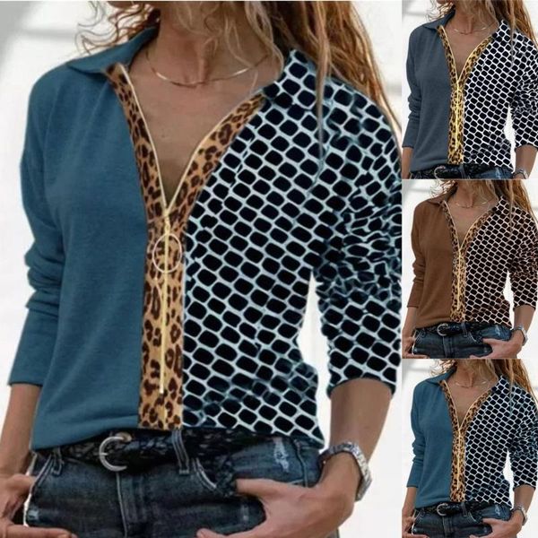 

women's blouses & shirts printed long sleeve zipper buttons down loose v-neck shirt casual female plus size d16, White