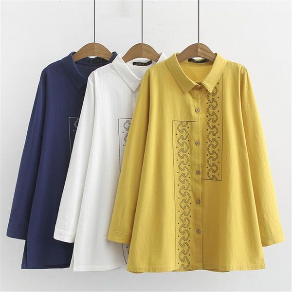 

autumn long sleeve shirt plus size cotton ethnic loose turndown collar solid vintage blouse women's blouses & shirts, White