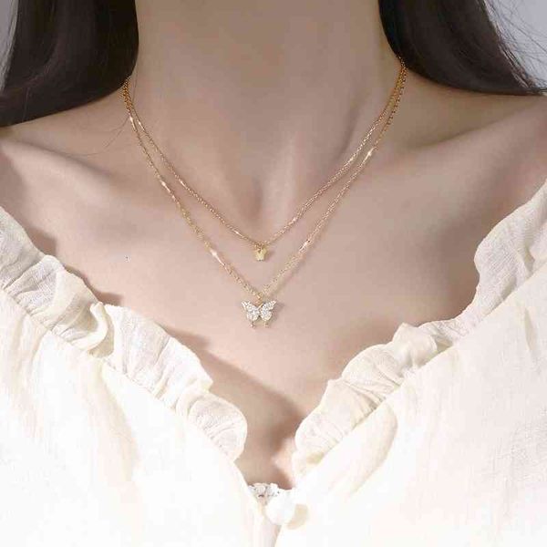 

chomel double layer butterfly necklace female minority design 925 sterling silver love clavicle chain clover