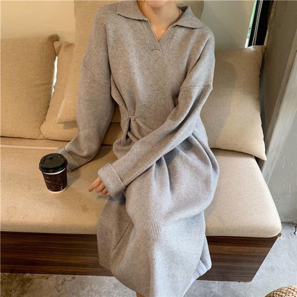 

casual dresses genayooa winter midi dress long sleeves knitted cotton black sweater women elegant solid vestidos mujer korean style, Black;gray