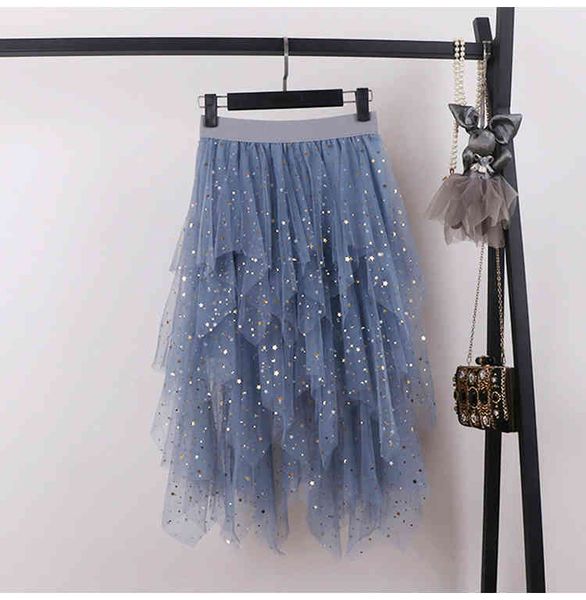 

qooth spring summer female sequined stars lace skirts women's solid color elastic waist irregular mesh pleated skirt qh1710 210518, Black