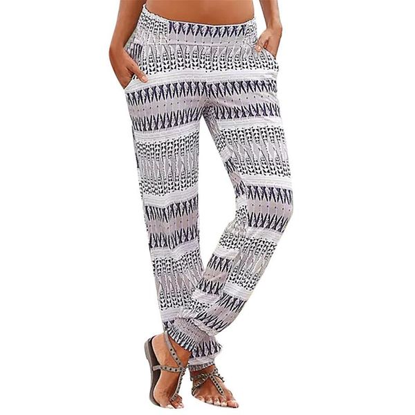 

women's pants & capris summer women high waist printing easy trousers long boho beach pockets fashion pantalones de mujer, Black;white