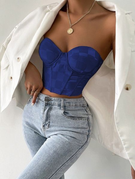 

checker print grommet lace up back crop tube q4on#, White