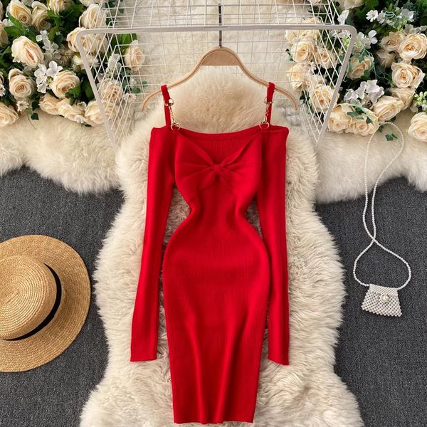 

casual dresses knitted dress women autumn and winter 2021 off shoulder long sleeve suspender slim mini woman knitwear, Black;gray