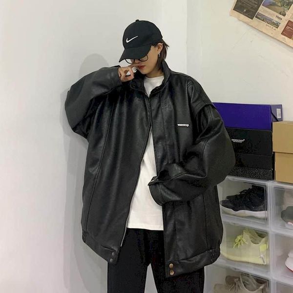 

women's leather & faux springtime female leather jacket trend korean br locomotive beautiful hong kong style lovers all-match 5rbn, Black