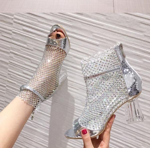 

sandals 2021 rhinestone mesh crystal heels open toe roman high women, Black