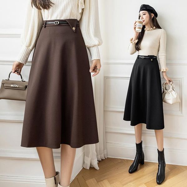 

skirts high waist office work wear women skirt 2021 autumn winter woolen chic belt elegant long for saia longa feminina, Black