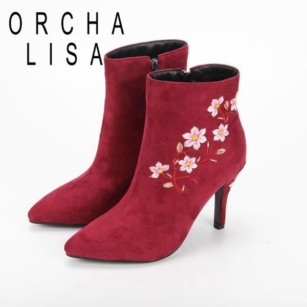 

boots orchalisa women ankle stylish pointed toe thin heels 9cm embroidered flower zip flock plush size 33-43 winter casual b2138, Black