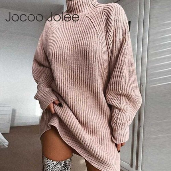 Plus Größe Rollkragen Langarm Pullover Kleid Frauen Herbst Winter Lose Tunika Gestrickte Casual Rosa Grau Kleidung Vintage Kleider 210619