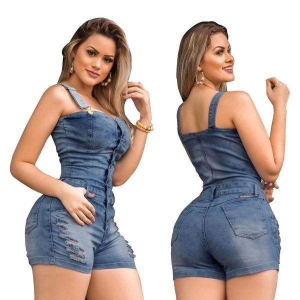 

women's jumpsuits & rompers lugentolo ripped jean jumpsuit women summer fashion slim hole solid pockets denim shorts with straps, Black;white