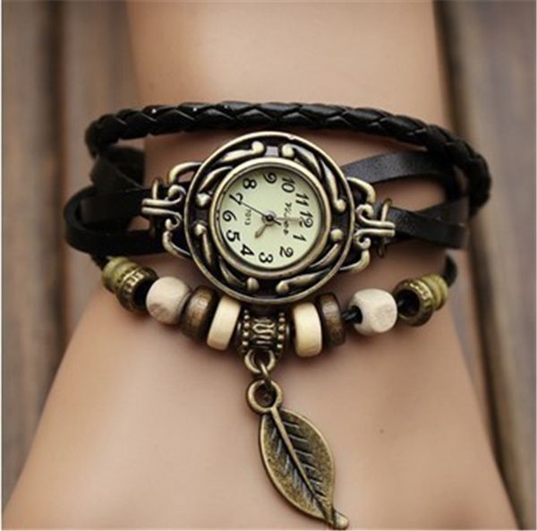 

retro quartz bracelets watches leaf pendant pu leather strap dress wrist watch bangle vintage weave wrap wristwatch women girls knit watch, Blue