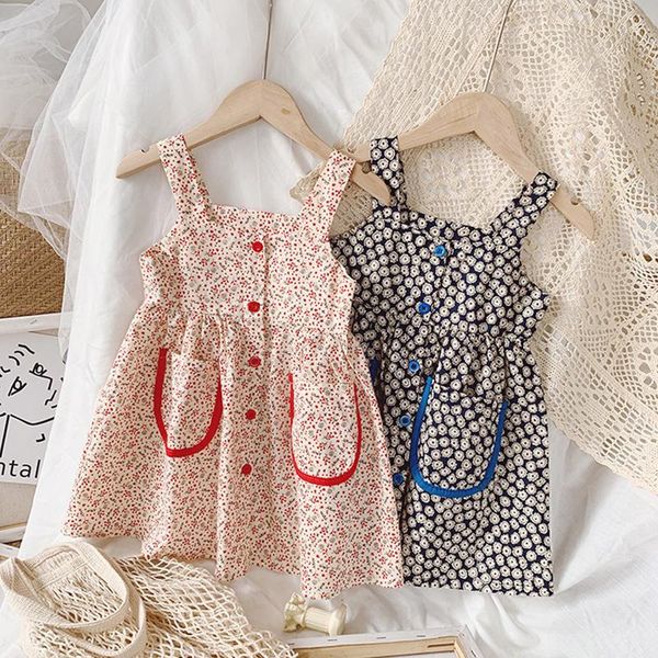 

girl's dresses spaghrtti strap girls summer dress 2021 pockets buttons vintage stylish floral off shoulder cute princess gowns, Red;yellow