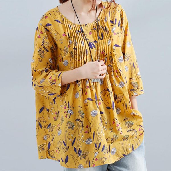 

women's blouses & shirts vintage women blouse autumn ladies casual three quarter sleeve print loose pullover shirt clothing, White