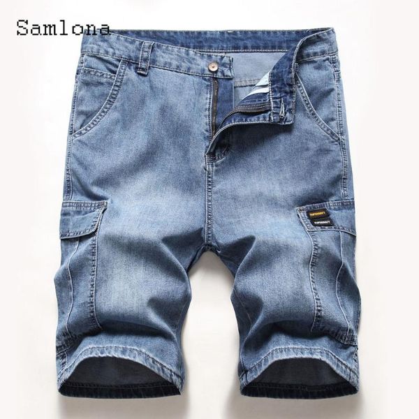 

men's jeans samlona plus size men denim shorts fashion zipper pocket jean half pants western style 2021 casual skinny demin short, Blue