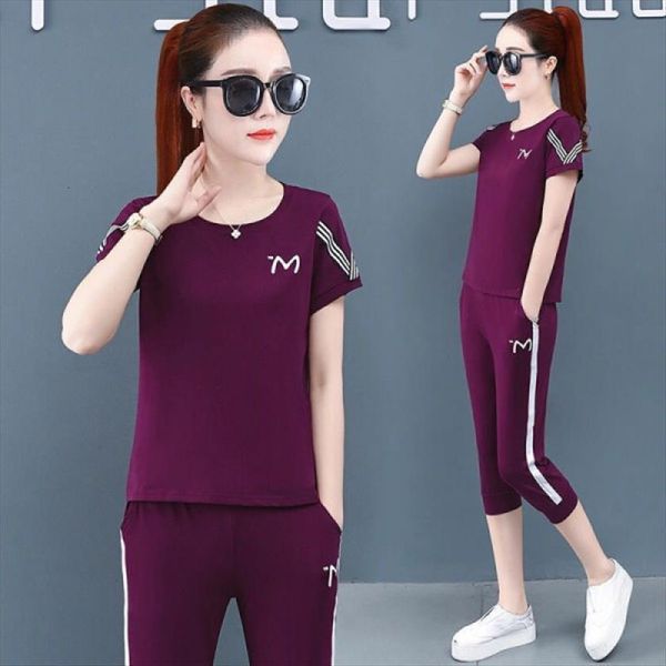

sports pant suits large women tracksuits size two piece set summer korean short sleeved casual womens pink green black purple, Gray