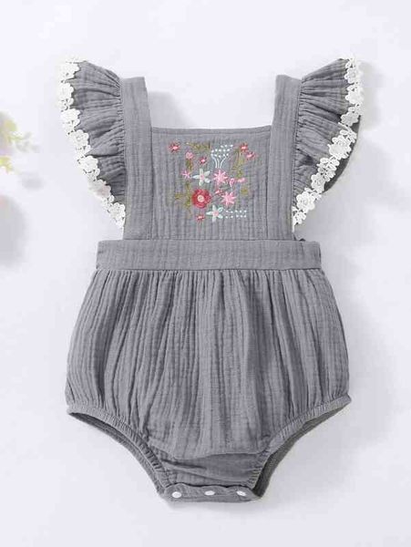 Bebê floral bordado plissado guarnição guipure laço inserir bodysuit ela