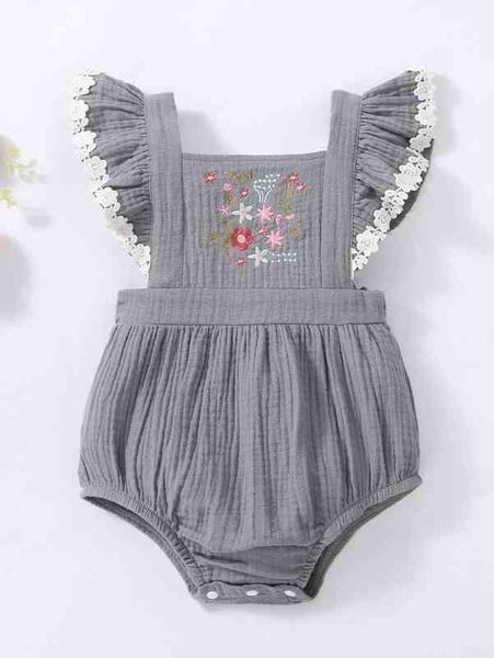 

baby floral embroidery ruffle trim guipure lace insert bodysuit she, Blue