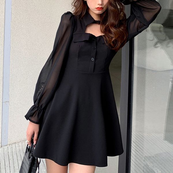 

outward black knit sleeve hepburn dress korean spring femme robe, Black;gray