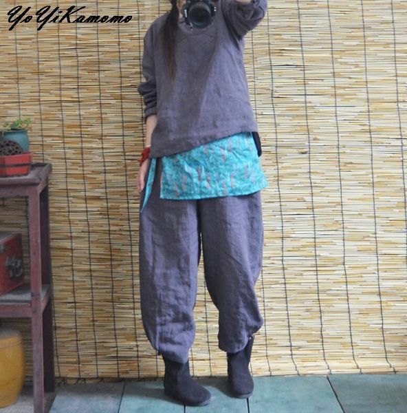 

women's pants & capris women cotton linen loose 2021 autumn spring elastic waist solid color casual big size trousers, Black;white