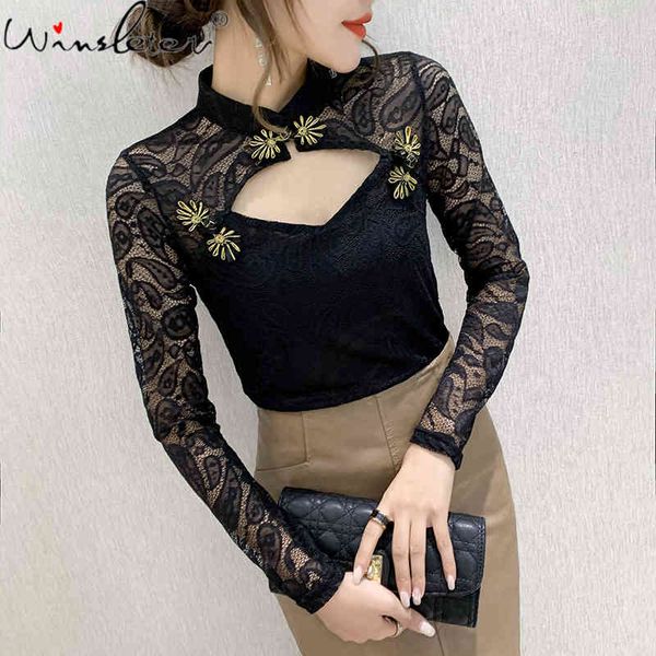 

women's t-shirt fall winter vintage button t-shirt patchwork lace hollow out women ropa mujer bottoming shirt long sleev, White