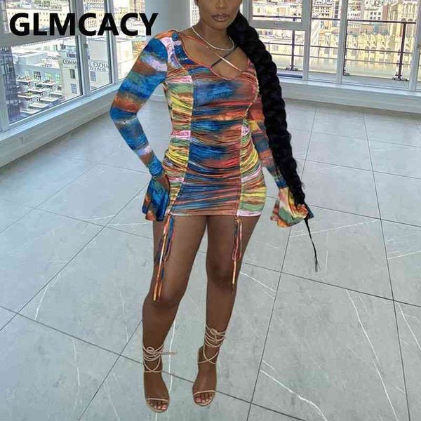 

women tie dye printed drawstring detail bodycon dress party club mini dresses 210702, Black;gray