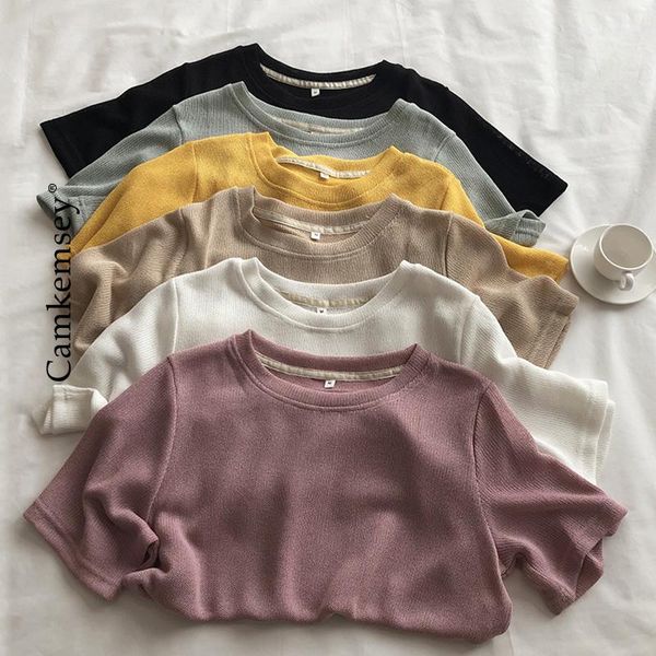 

women's t-shirt korean basic o-neck short sleeve t-shirts women comfortable breathable summer knitted mesh tee shirts 6 colors, White