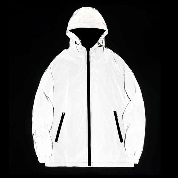 

night reflective ets double fabric windbreaker hooded et men hip hop dancer singer waterproof zipper coats outwear, Black