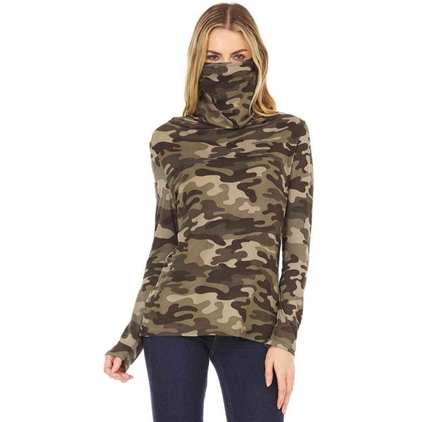 

casual loose high neck t-shirt, long sved shirt, camouflage print and tie dye mask, large 5xl, 2021 winter women's wear, White