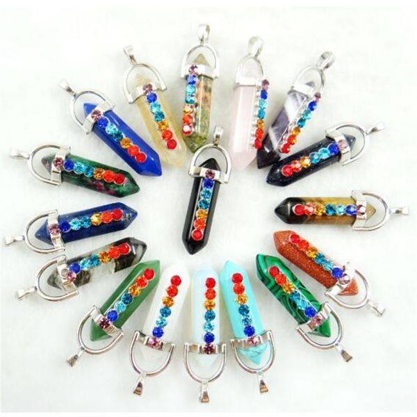 

silver gold metal 7 chakra stone pillar pendulum charms hexagonal prism healing crystal reiki point pendants for necklace jewelry making, Bronze;silver
