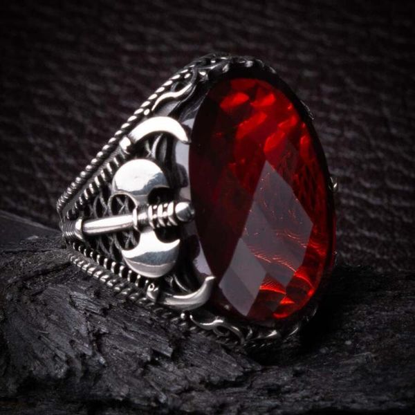

men silver ring with oval red zircon stone and ax motif made in turkey solid 925 sterling cluster rings, Golden;silver