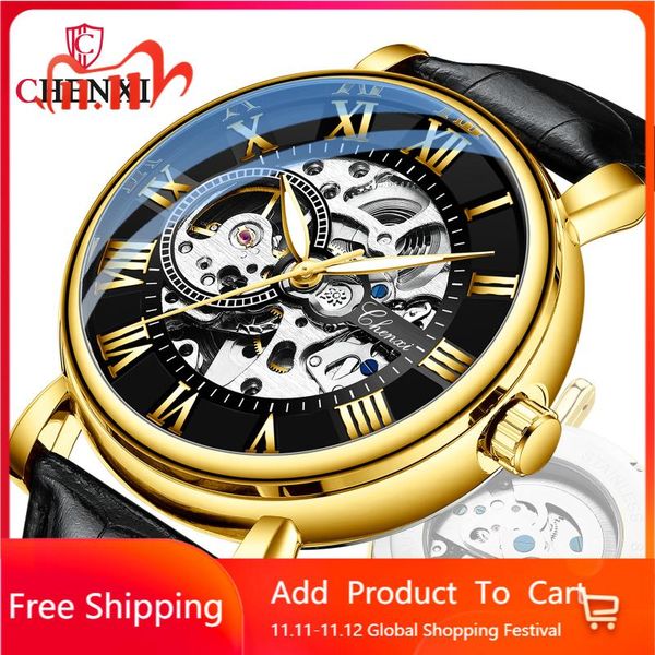 

wristwatches chenxi high-end mechanical watch men's hollow waterproof luminous automatic, Slivery;brown
