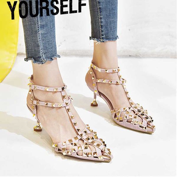 

spring and summer fashion rivet pointed toe roman shoes hole high heel sandals, Black