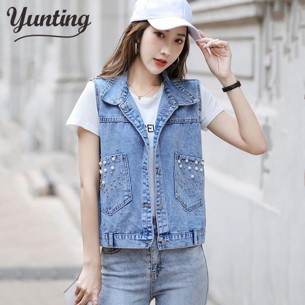 

women's vests plus size sleeveless women vest 2021 summer denim waistcoat fashion casual short jeans jacket beaded slim coat, Black;white