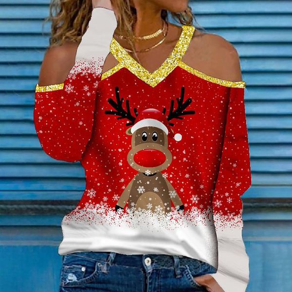 

women's blouses & shirts autumn christmas elk printing fashion v-neck hollow out long sleeve blouse pullover casual loose blusa wo, White