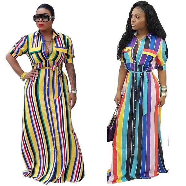 

button up long shirt dress cardigan women streetwear turn down collared shirt dress short sleeve striped casual maxi dresses, Black;white