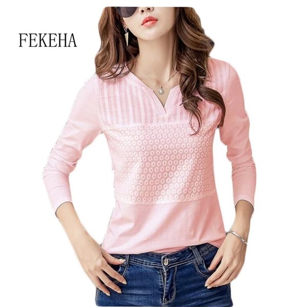 

fekeha white t-shirt women spring autumn cotton female long sleeve t shirts v-neck ladies casual tees plus size 210317