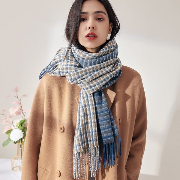 

women dots plaid winter thick fashion soft warm lady cashmere shawl colorful striped scarves long tassel scarf, Blue;gray