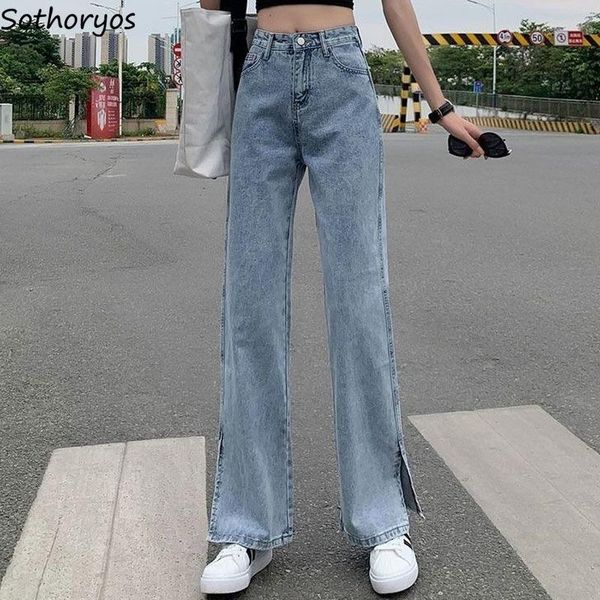 

side-slit women jeans high waist straight design streetwear casual harajuku korean style solid blue trendy all-match chic bottom women'