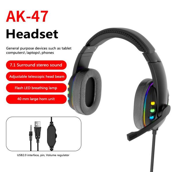 

head-mounted wired gaming headset colorful glow led light noise-canceling microphon stereo headphones for laptablet gamer & earphones