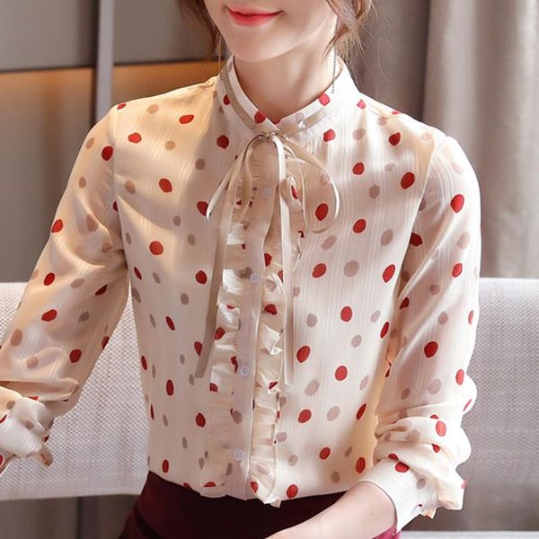 

blouse women blusas mujer de moda 2021 long sleeve blouses shirts print dot chiffon shirt blusa d446 women's &, White