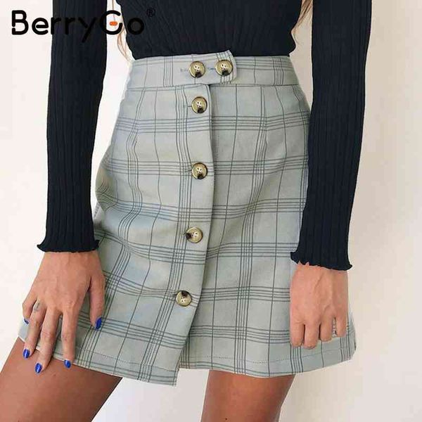 

berrygo plaid yellow mini skirts womens casual bodycon pencil female a line button high waist short winter 210513, Black