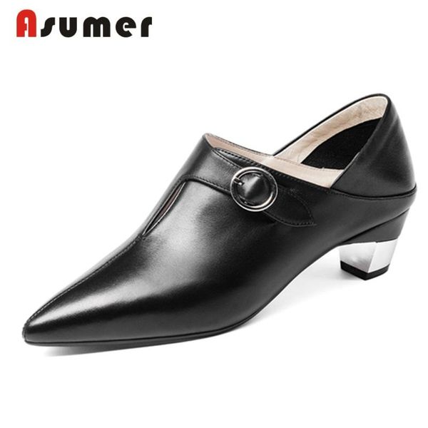

dress shoes asumer 2021 fashion genuine leather pumps women strange med heels pointed toe buckle ladies party, Black