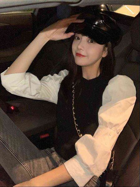 

fake two women shirt pieces trend colorblock long sleeve knitted blouse sweet loose casual puff pullover, White